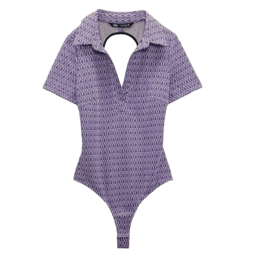 Zara Lilac Geometric Open-Back Collared Bodysuit Preppy‎ Retro XS NWOT